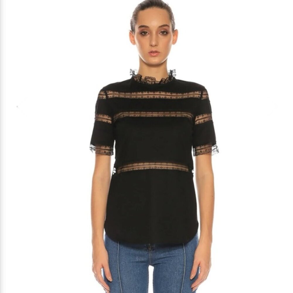 Sandro Lace Cotton Sheer Top Shirt Back Buttons Fairy Kadin Siyah T-Shirt Goth M